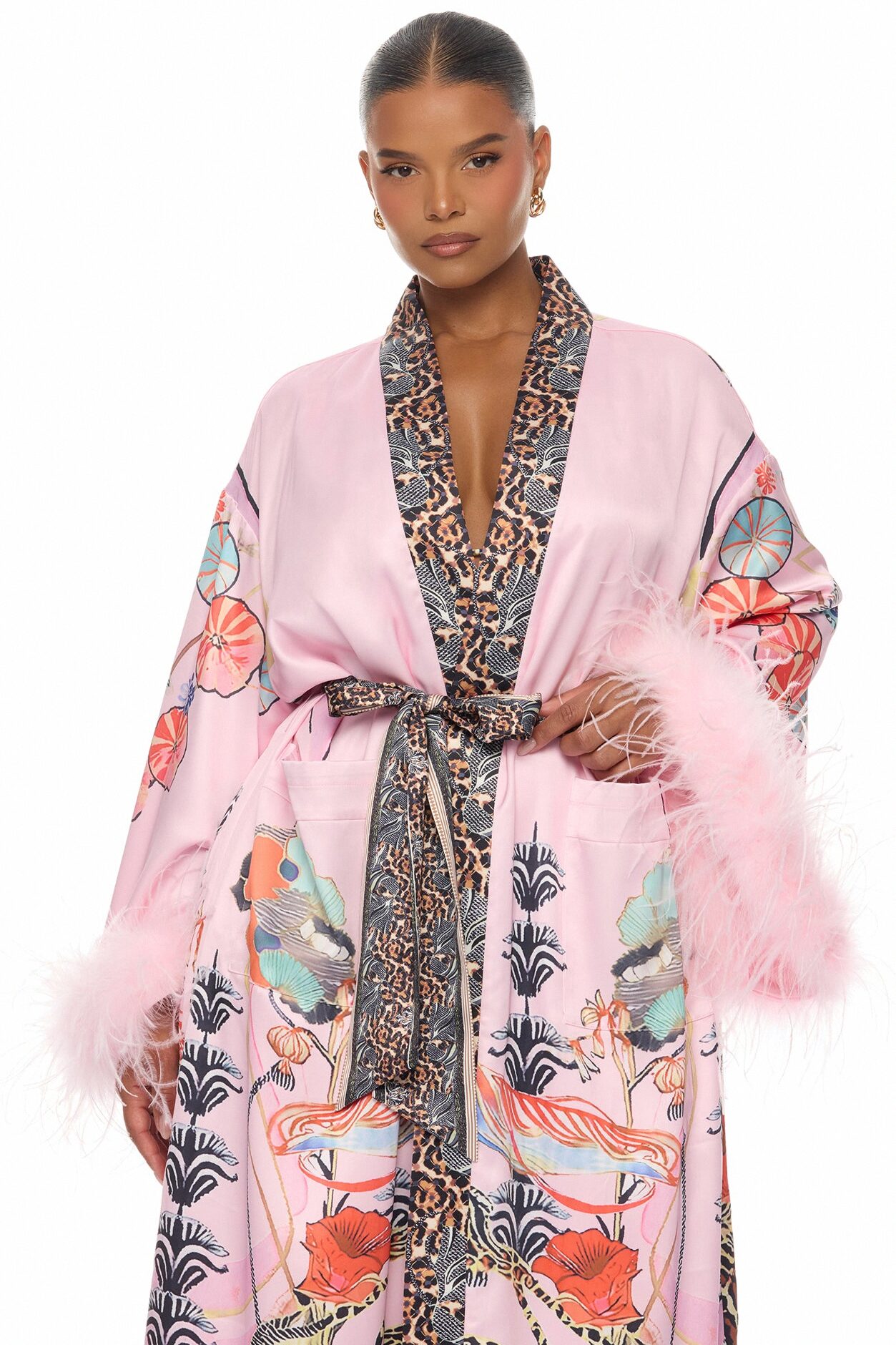 Luxe Lifestyle Feathered 3 Piece Satin Pant Set - Pink/combo