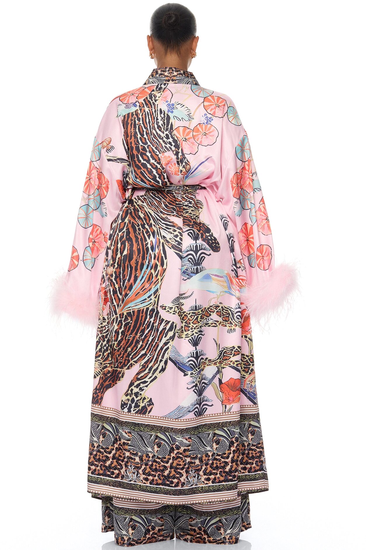 Luxe Lifestyle Feathered 3 Piece Satin Pant Set - Pink/combo