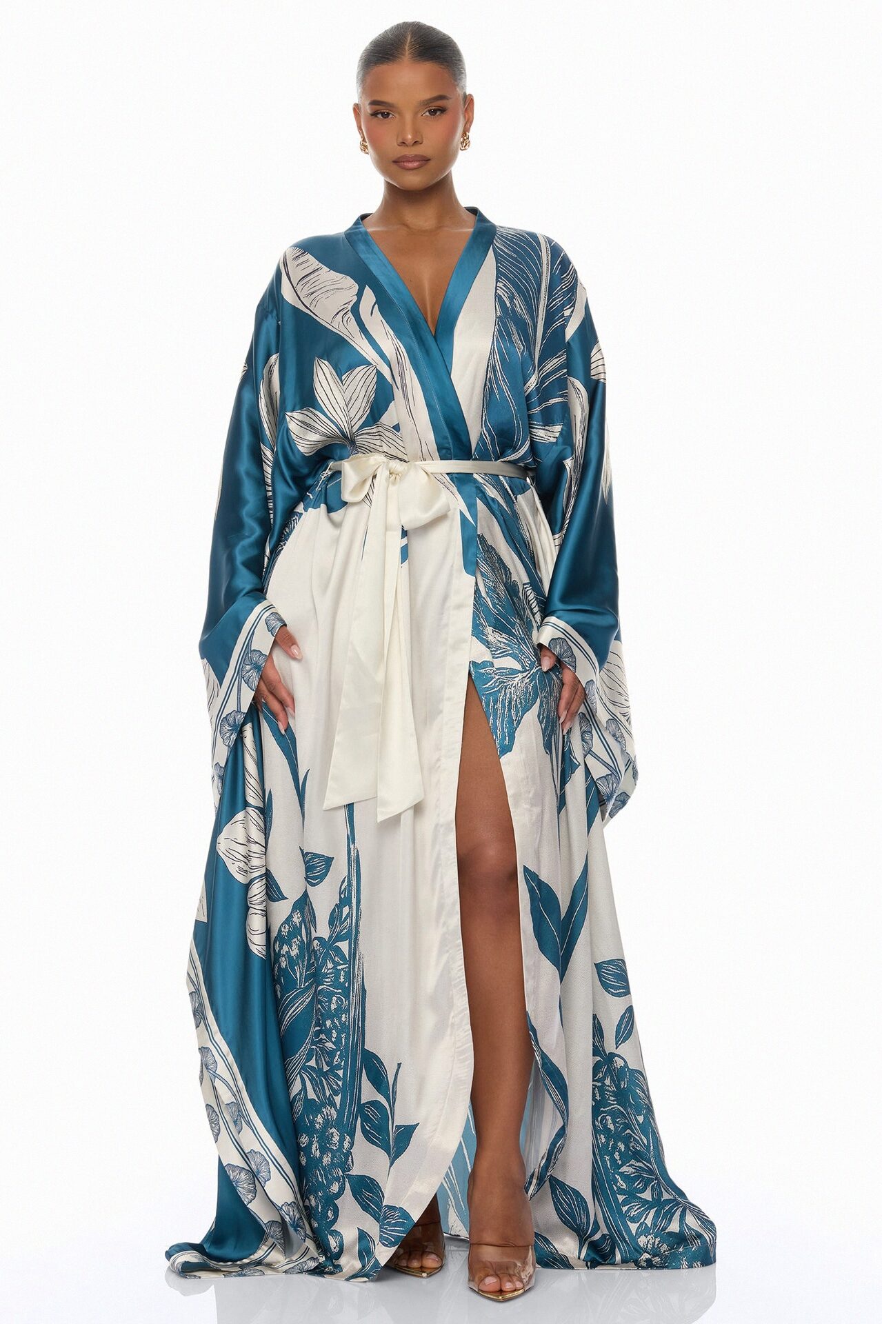 Junie Bell Sleeve Satin Kimono - Teal/combo