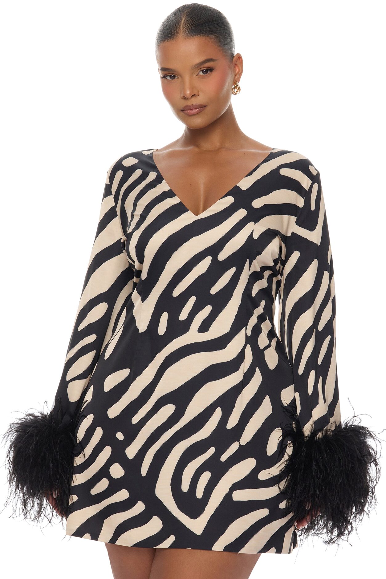 Daydreaming Feathered Satin Mini Dress - Black/combo