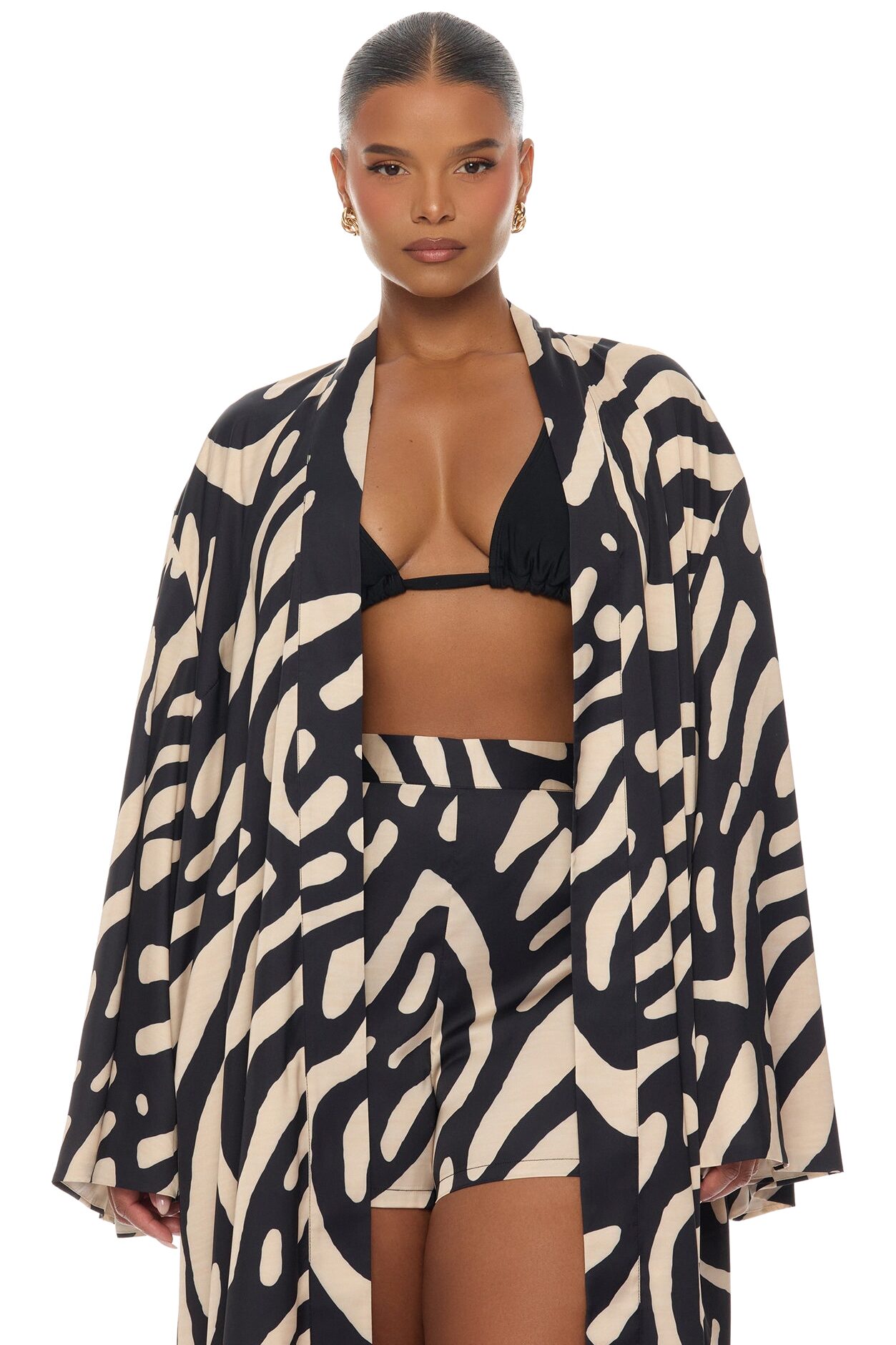 Daydreaming Satin Kimono Short Set - Black/combo
