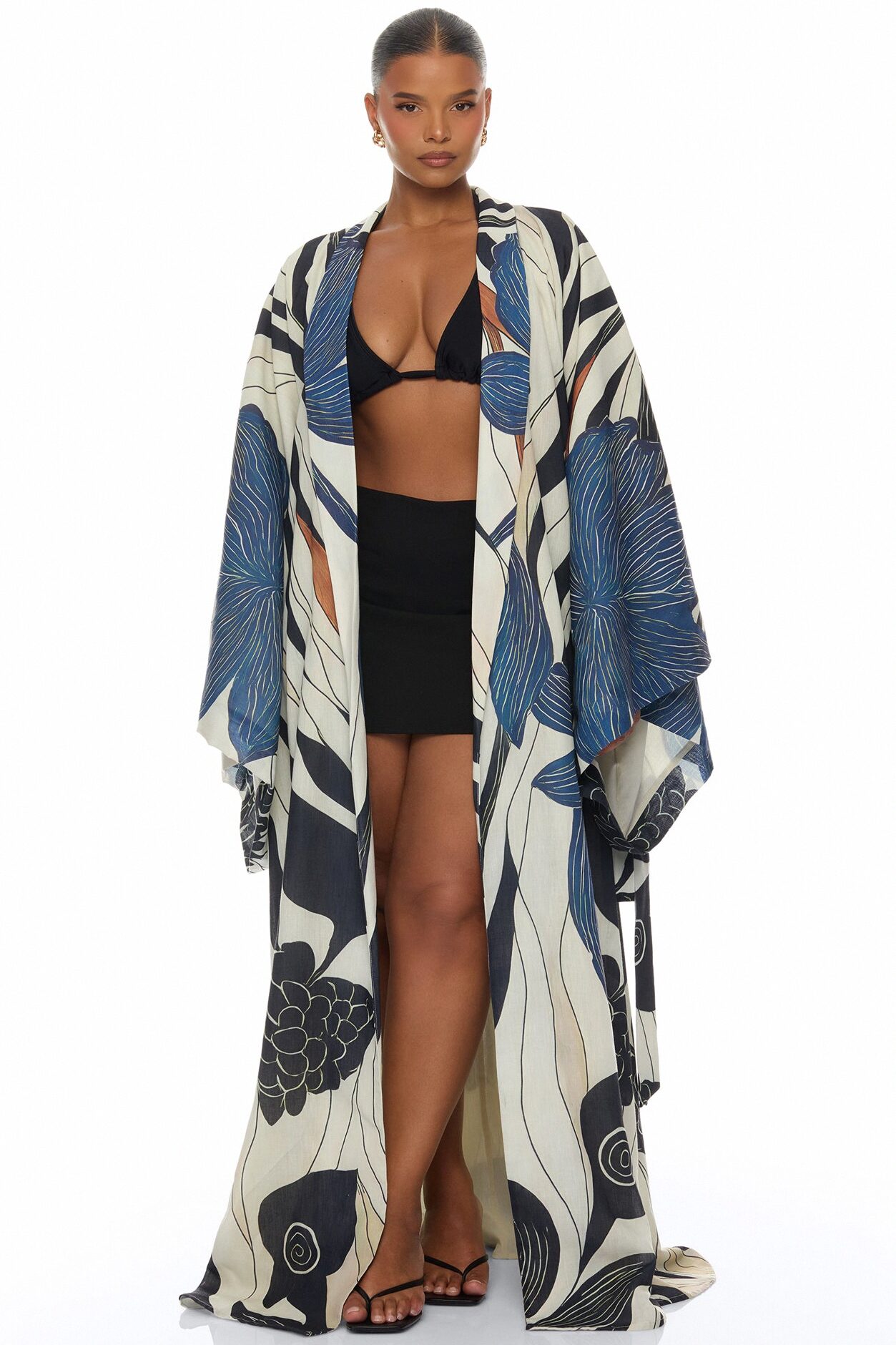 Daniella Bell Sleeve Linen Kimono - Navy/combo
