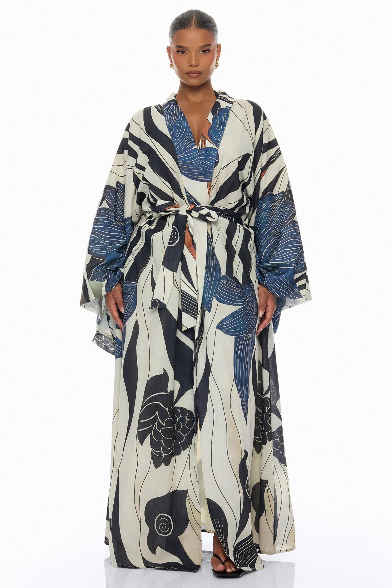 Daniella Bell Sleeve Linen Kimono - Navy/combo