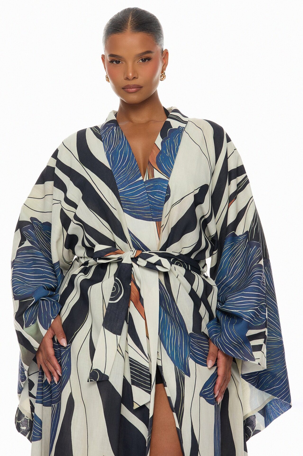 Daniella Bell Sleeve Linen Kimono - Navy/combo