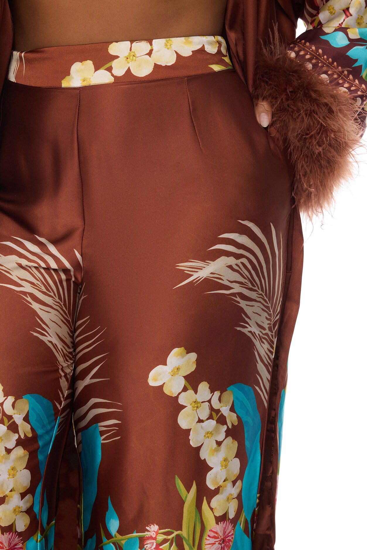 Kassidy Feathered Satin Pant 2 Piece Set - Brown