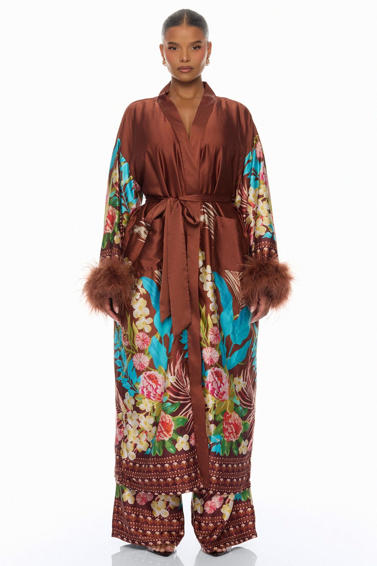 Kassidy Feathered Satin Pant 2 Piece Set - Brown