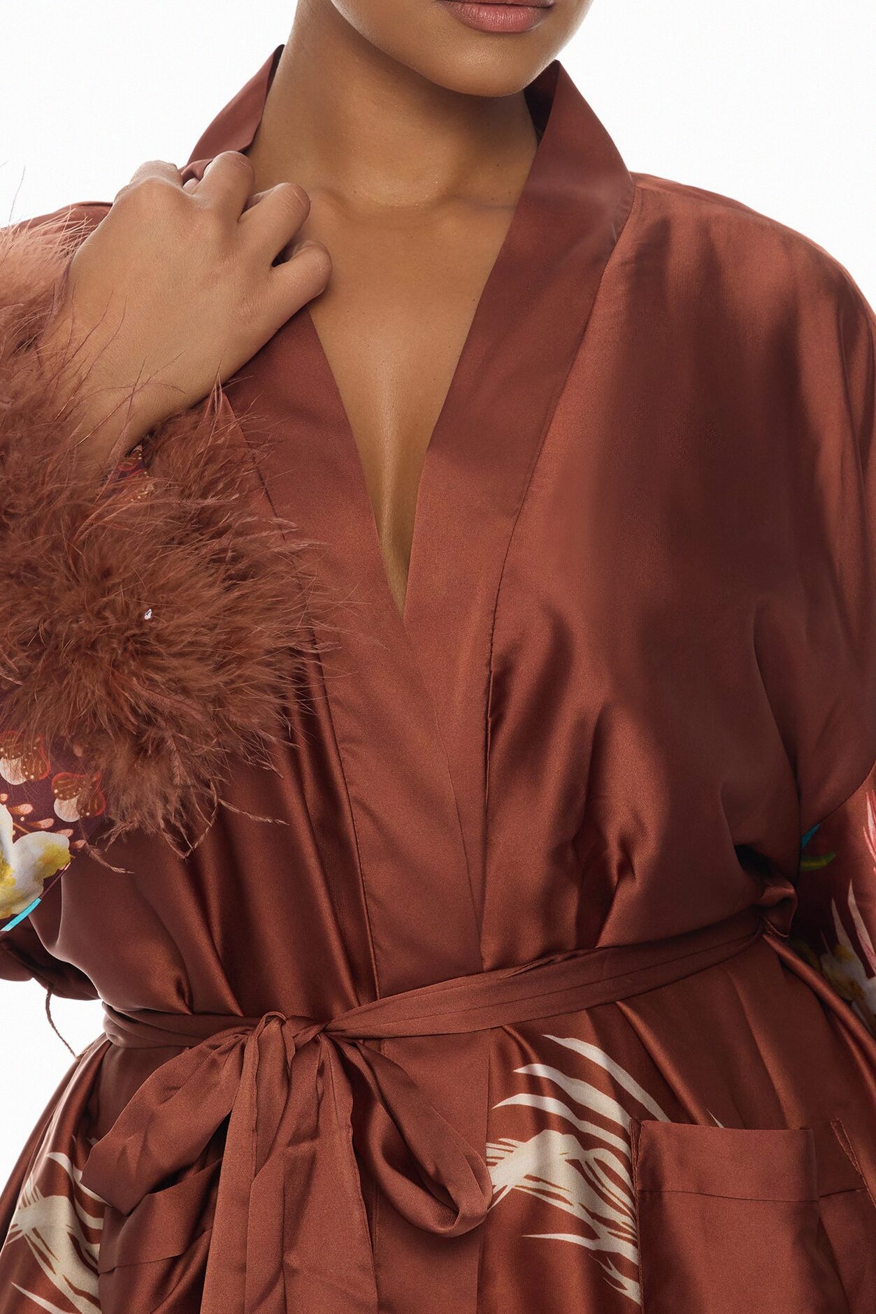 Kassidy Feathered Satin Pant 2 Piece Set - Brown