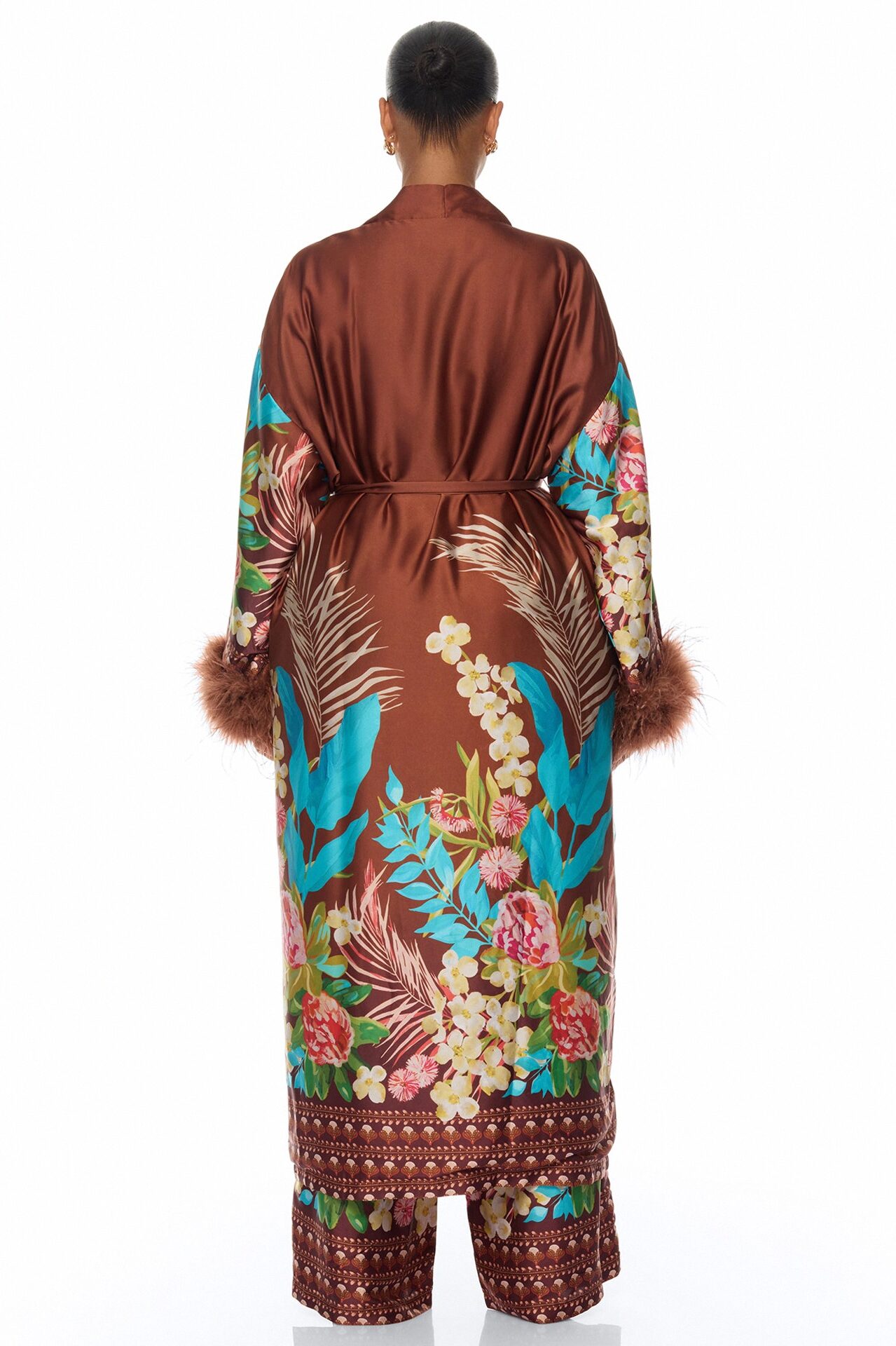 Kassidy Feathered Satin Pant 2 Piece Set - Brown