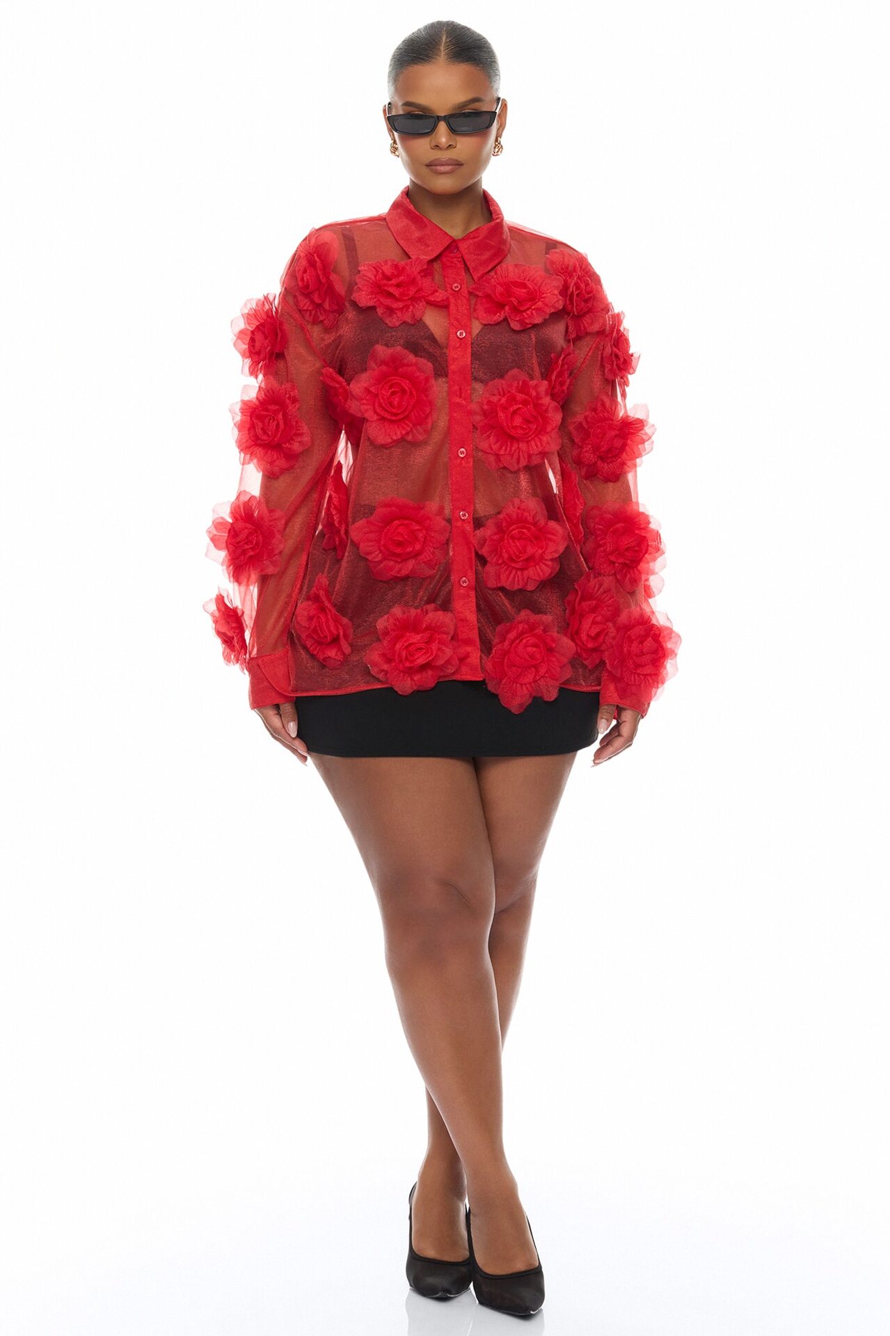 Violet Veil Floral Applique Top - Red