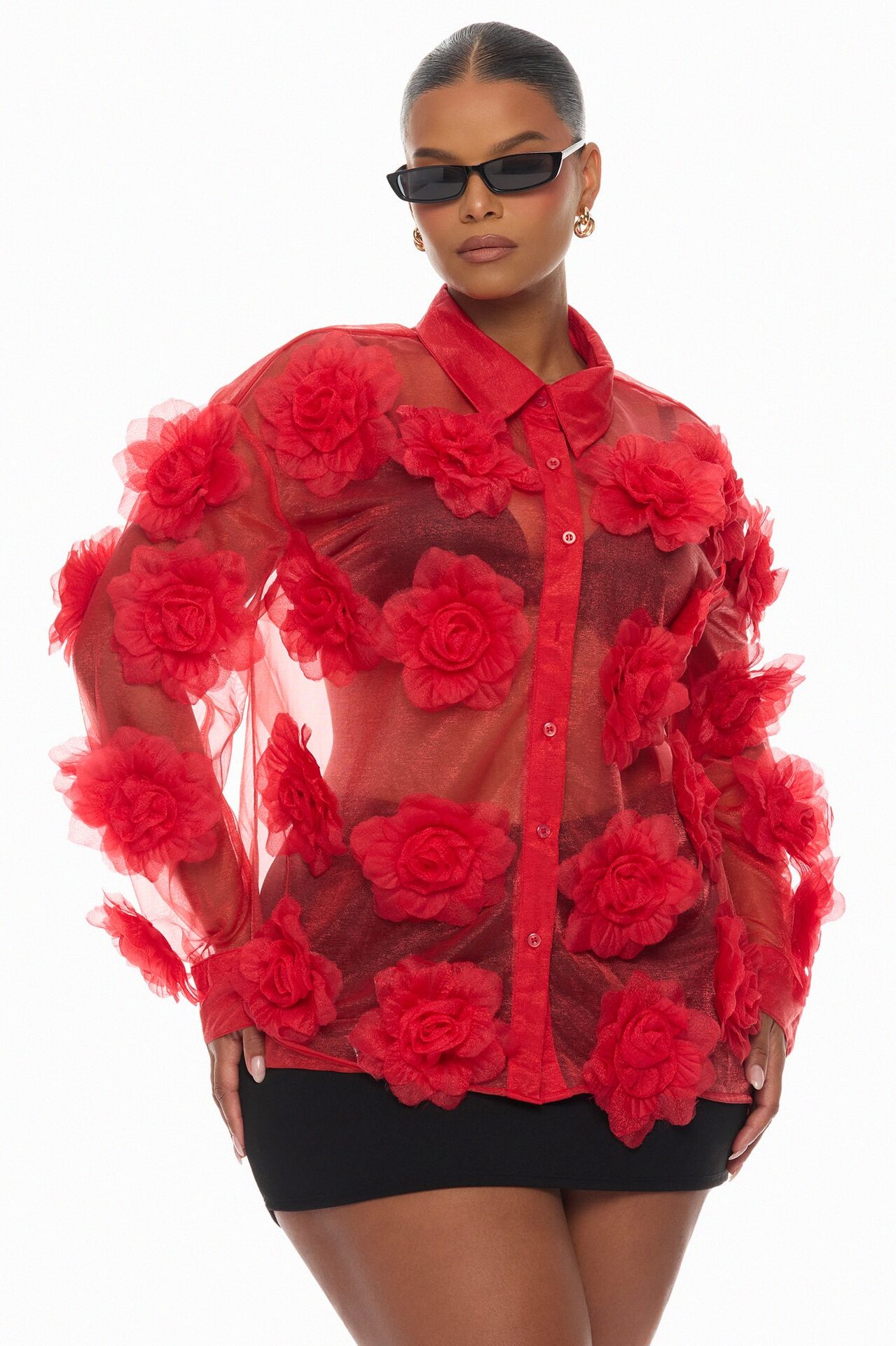 Violet Veil Floral Applique Top - Red