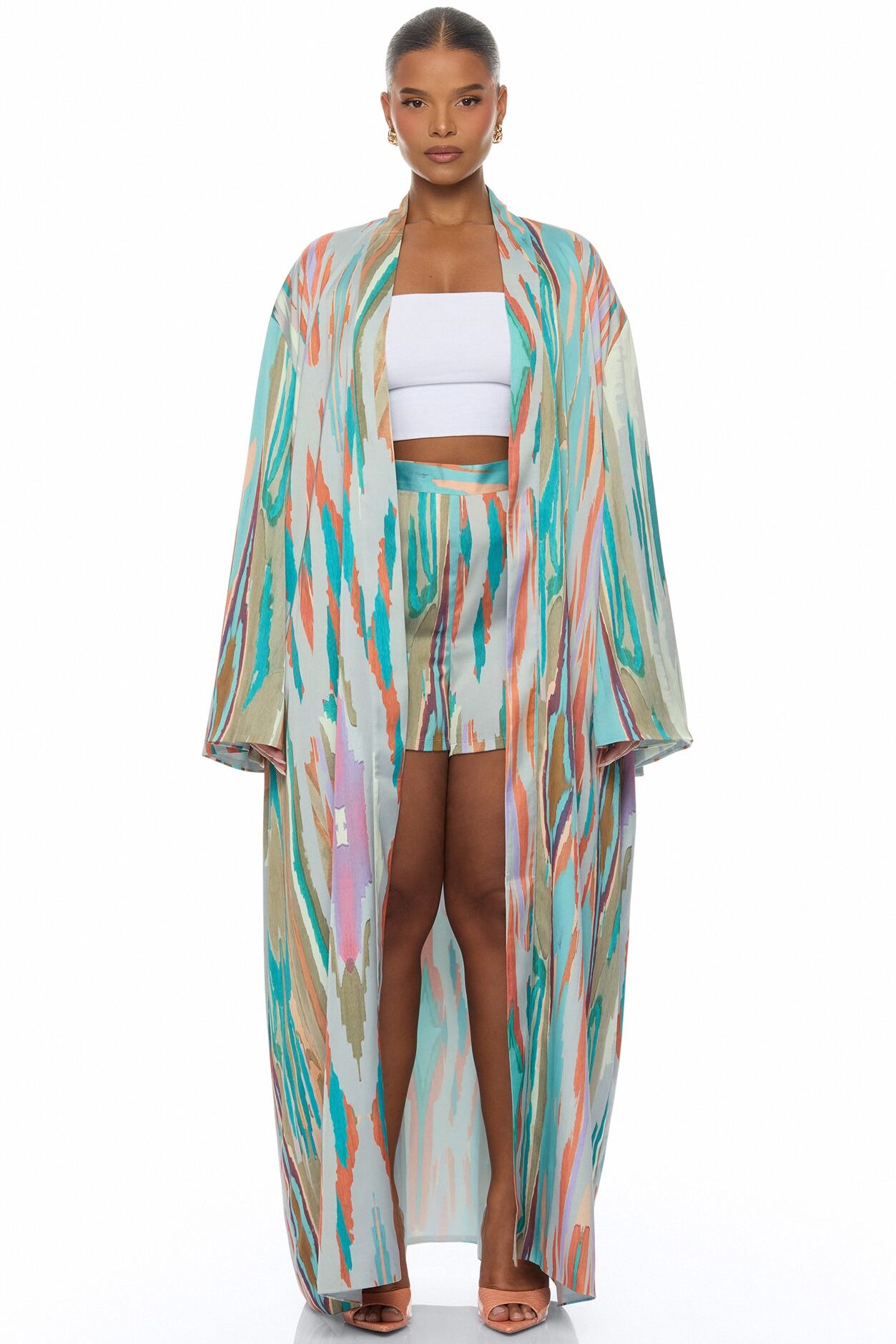 Daydreaming Satin Kimono Short Set - Turquoise/combo