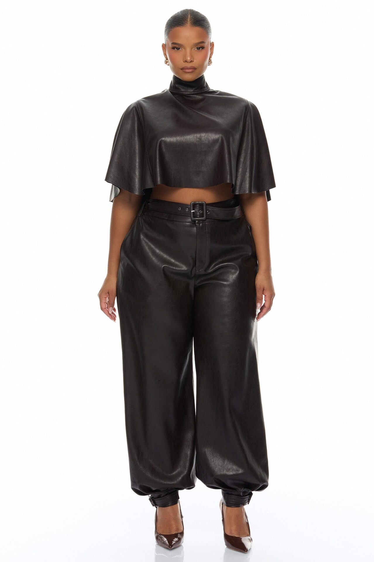 City Streets Faux Leather Balloon Pant Set - Chocolate