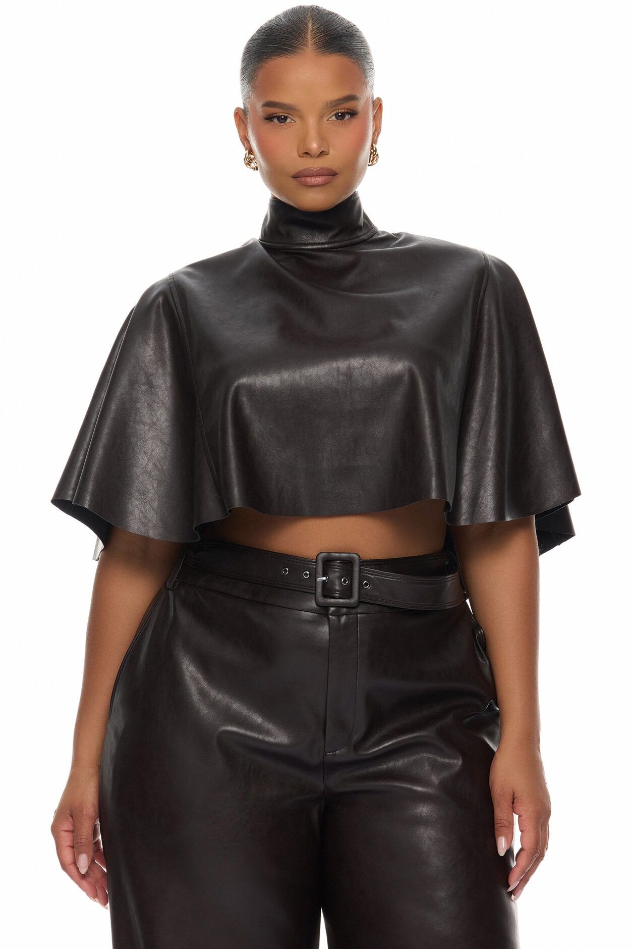 City Streets Faux Leather Balloon Pant Set - Chocolate