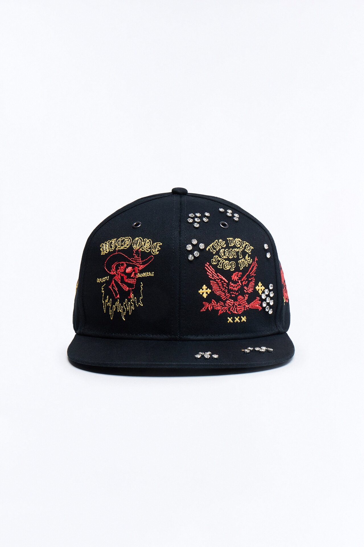 Rhinestone Graphic Embroidered Snapback Hat - Black