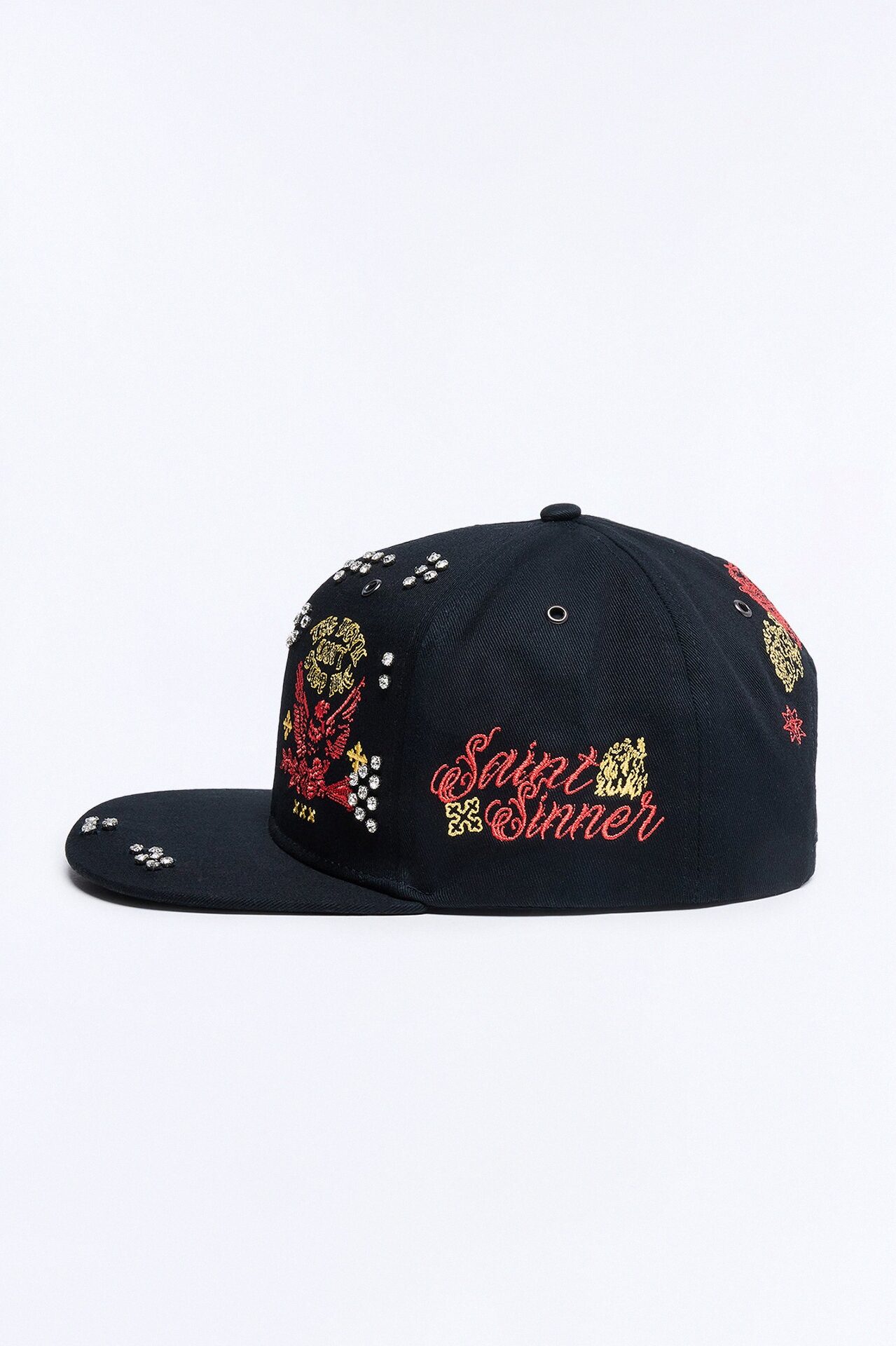 Rhinestone Graphic Embroidered Snapback Hat - Black