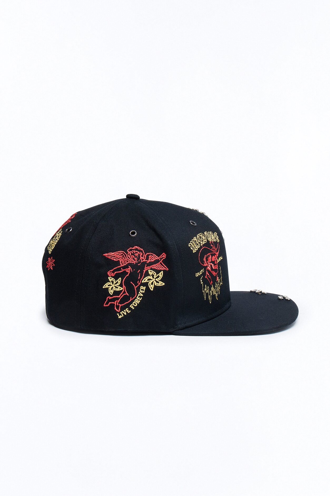 Rhinestone Graphic Embroidered Snapback Hat - Black