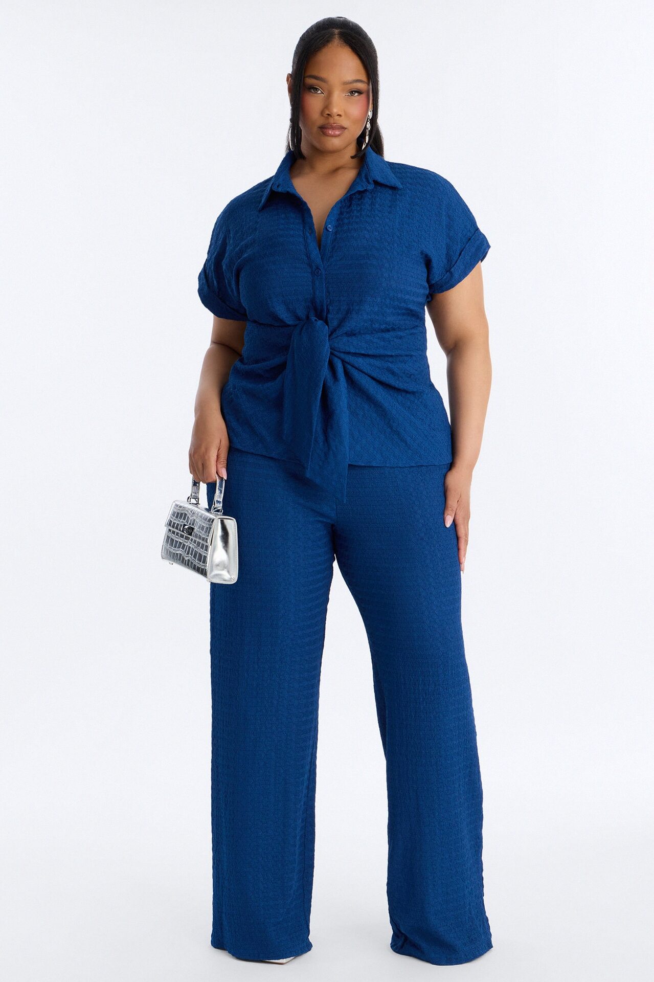 Ainsley Textured Tie Front Pant Set - Navy