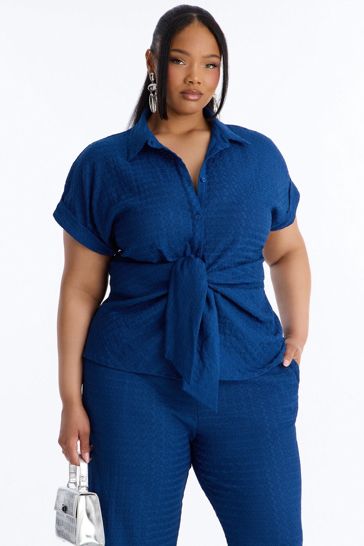Ainsley Textured Tie Front Pant Set - Navy