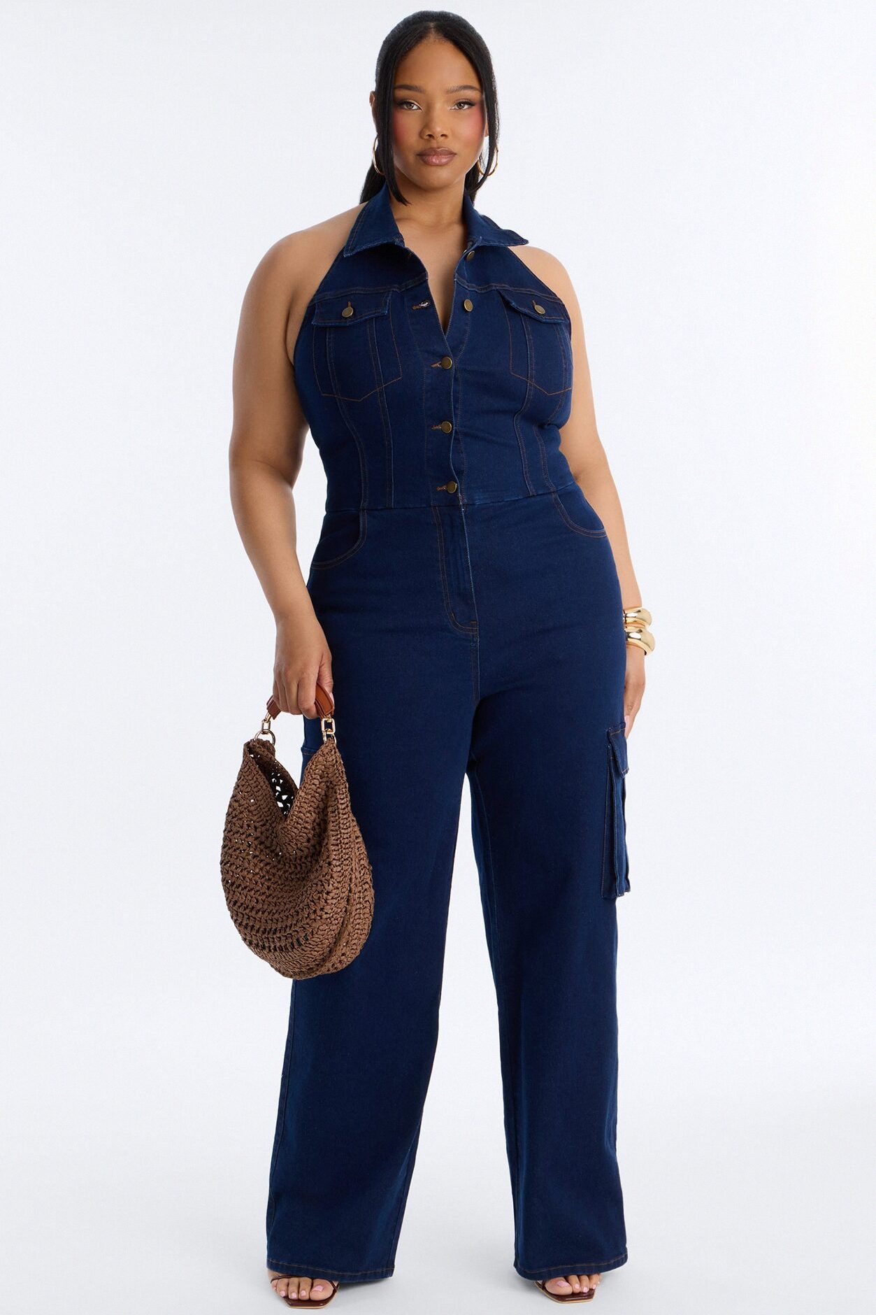 Jaime Denim Cargo Wide Leg Jumpsuit - Dark Wash