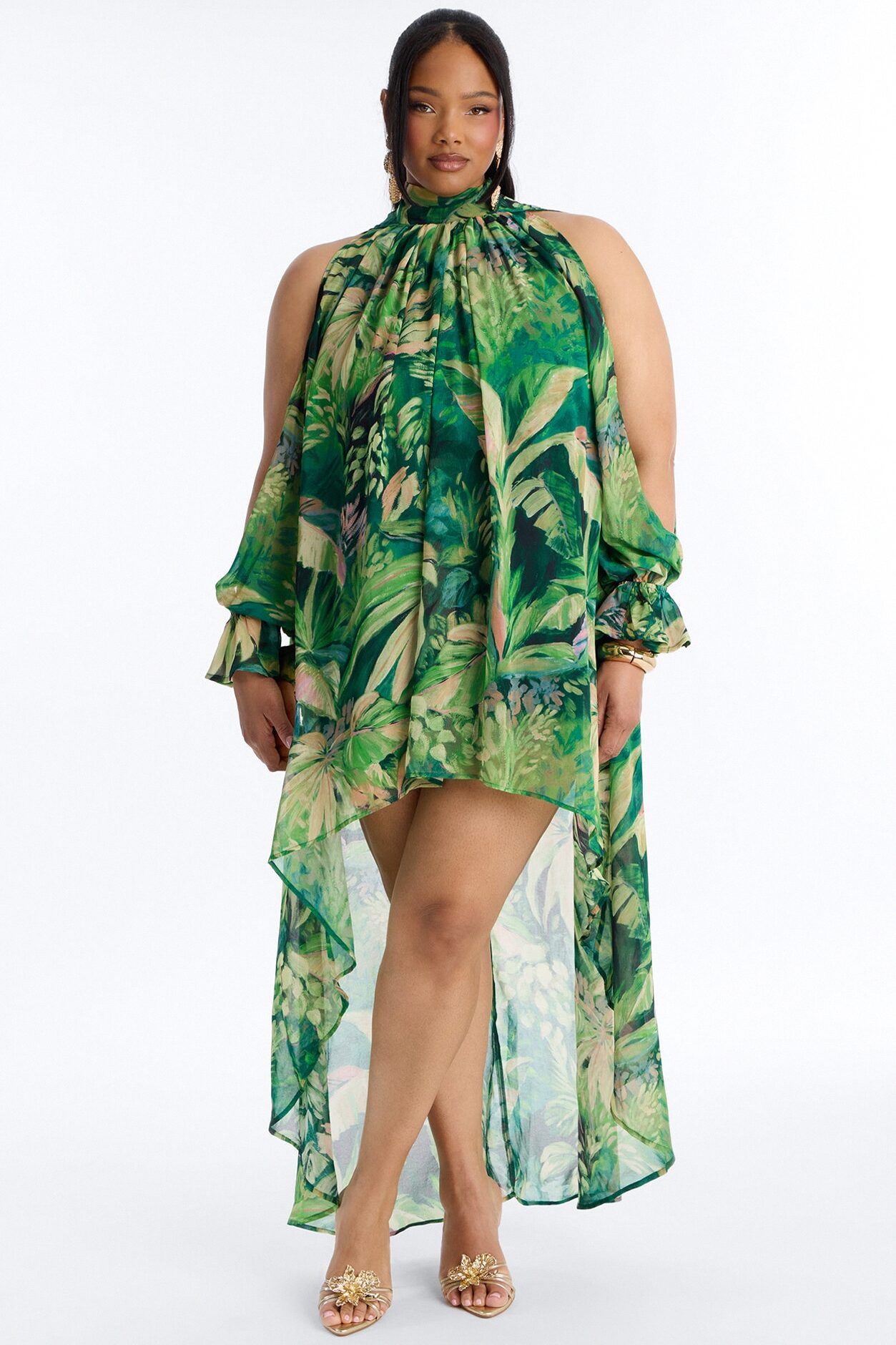 Dark Paradise Long Sleeve Chiffon Maxi Dress - Green/combo