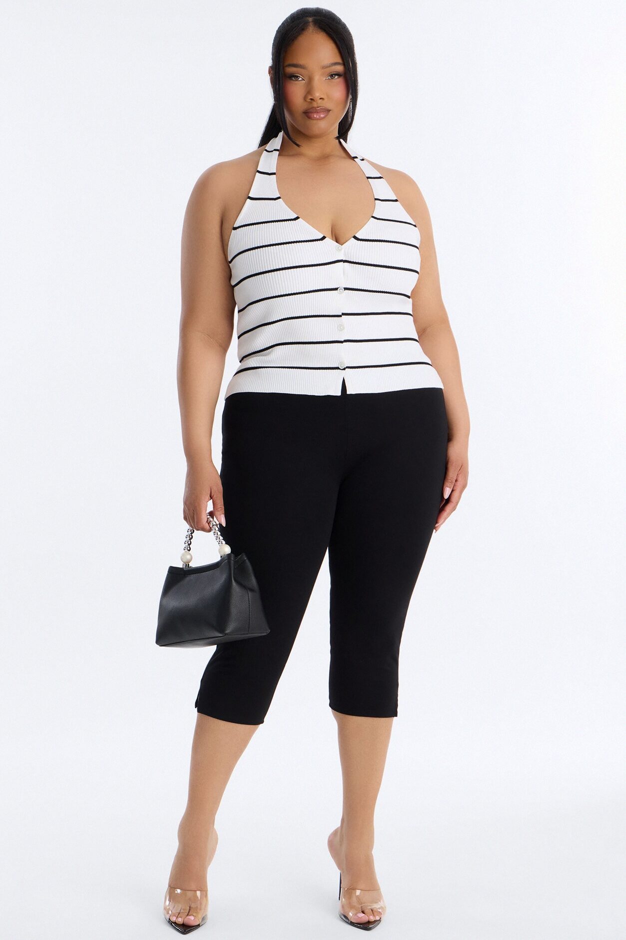 Katrina Striped Ribbed Halter Top - Ivory/combo