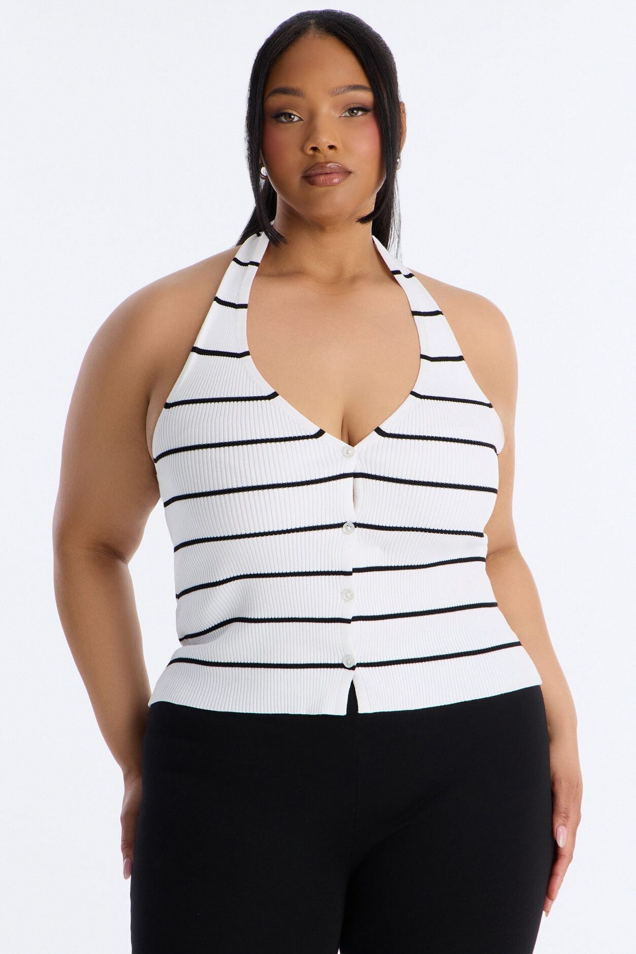 Katrina Striped Ribbed Halter Top - Ivory/combo
