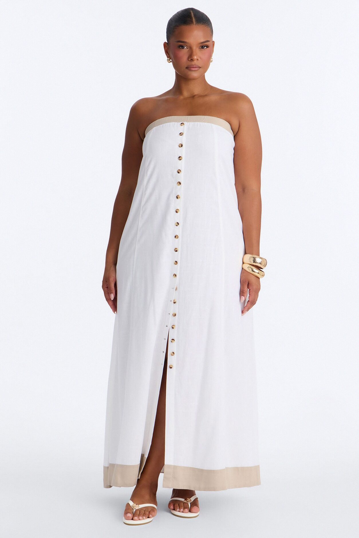 Keep It Cool Button Up Linen Maxi Dress - Cream/combo