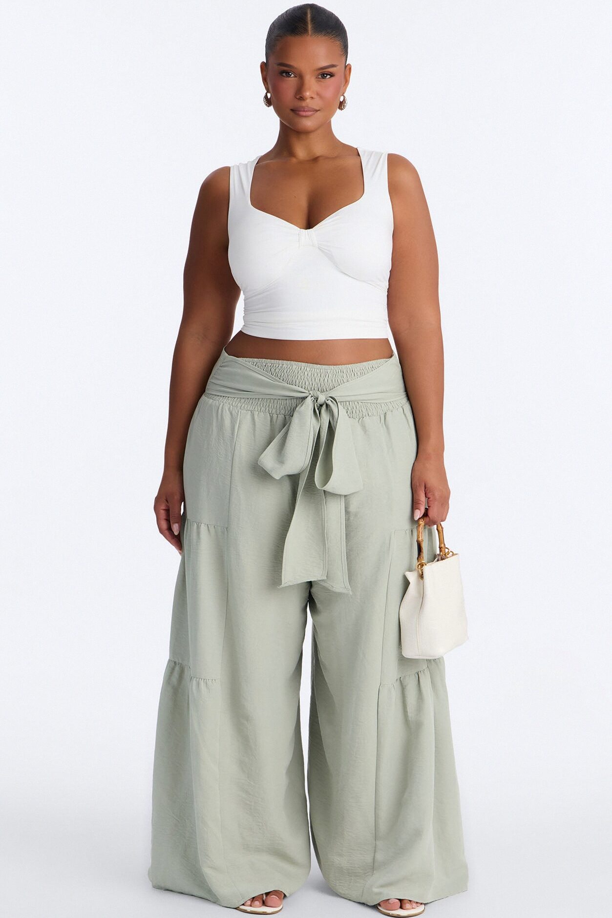 Tatiana Tiered Wide Leg Tie Waist Pant - Sage