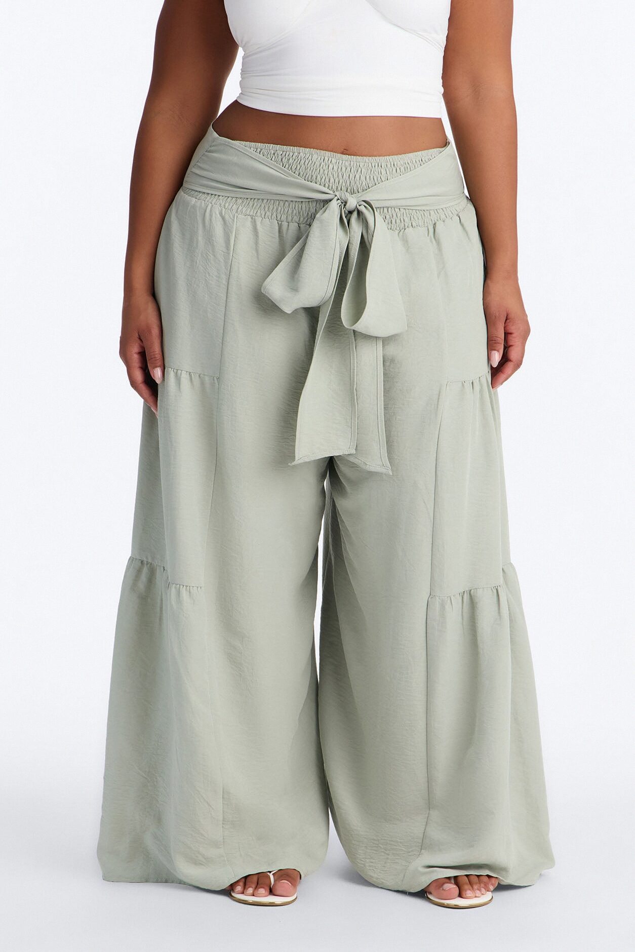 Tatiana Tiered Wide Leg Tie Waist Pant - Sage