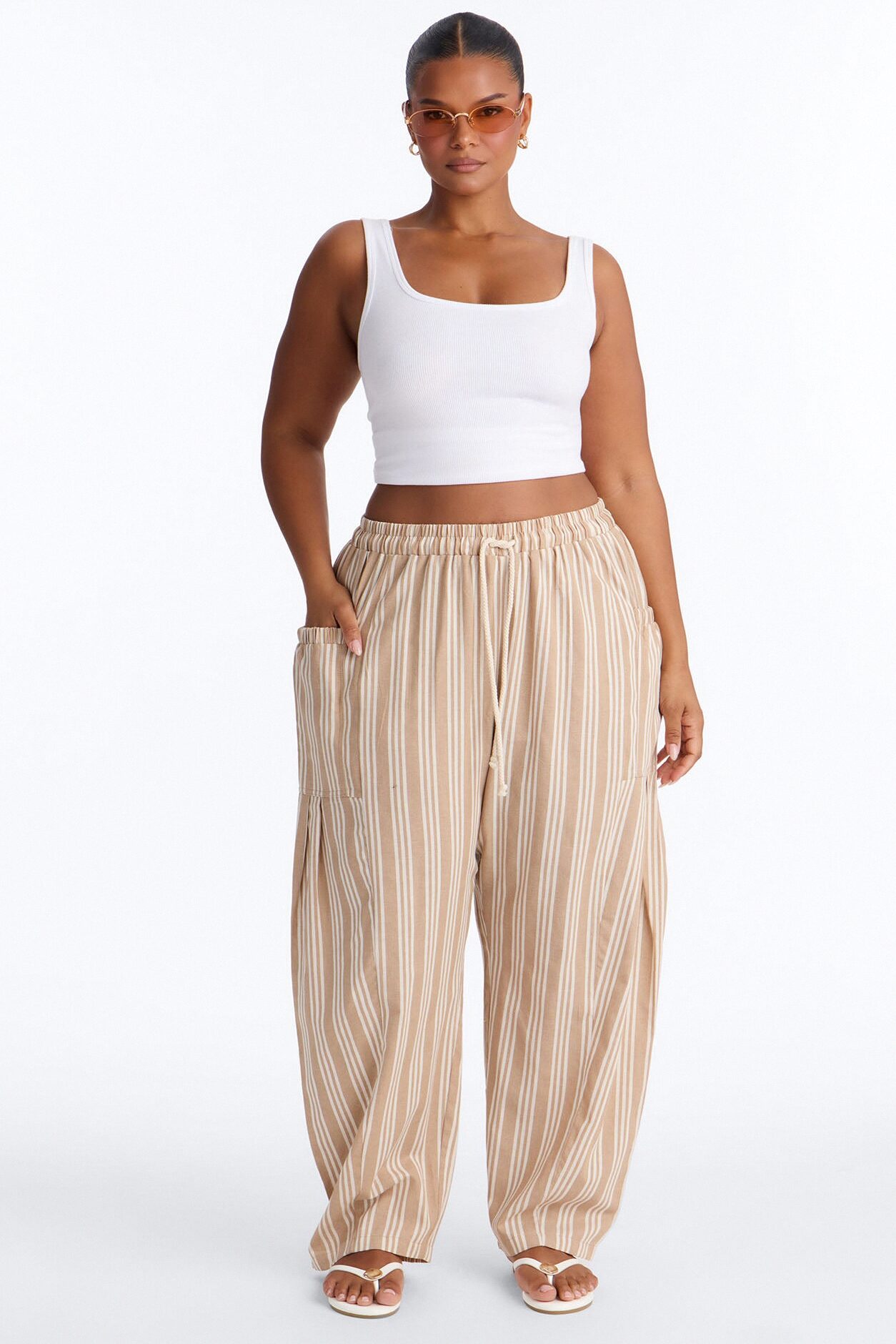 Coastal Barrel Leg Striped Pants - Taupe