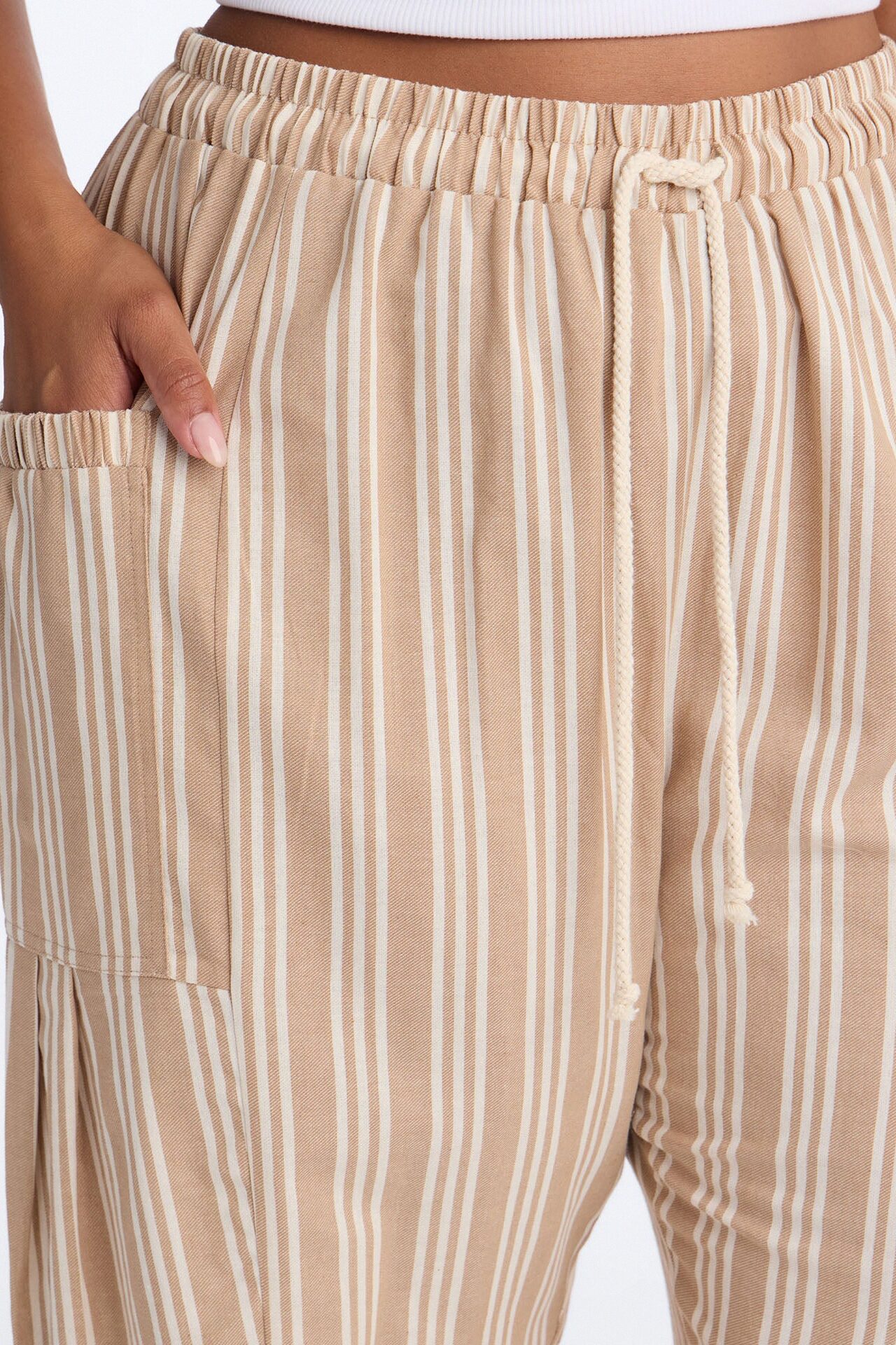 Coastal Barrel Leg Striped Pants - Taupe