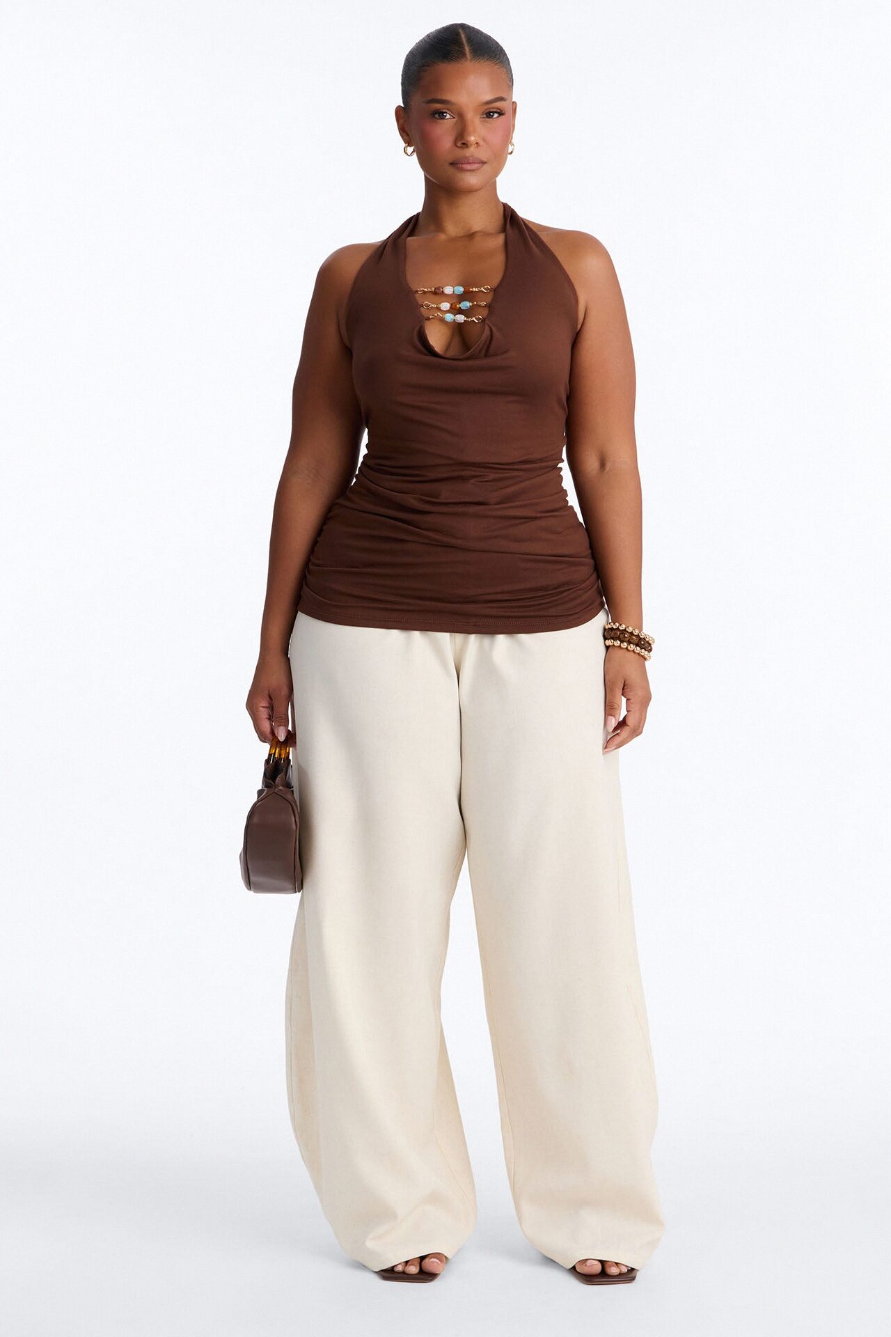 Cabo Nights Beaded Cowl Neck Halter Top - Brown