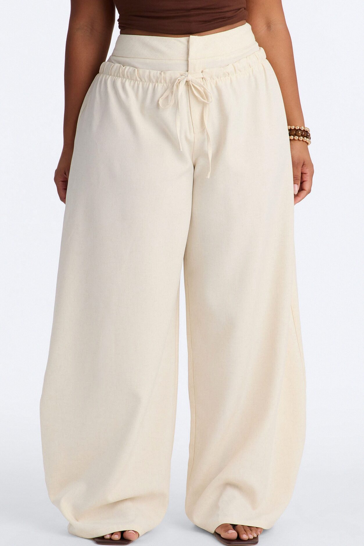 Kathleen Linen High Rise Double Waistband Wide Leg Trouser - Natural