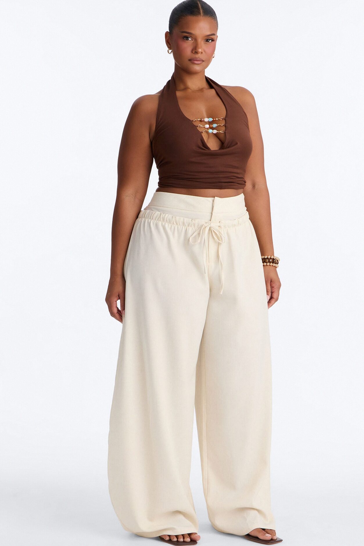Kathleen Linen High Rise Double Waistband Wide Leg Trouser - Natural