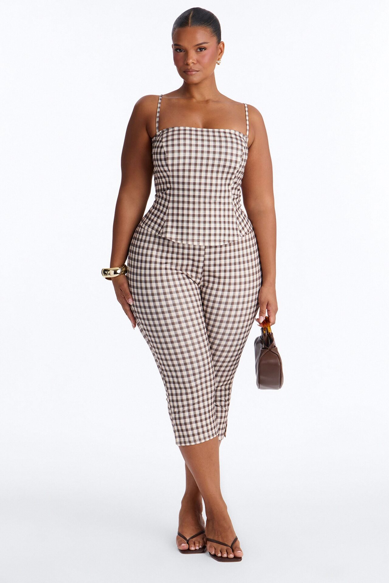 Downtown Girl Gingham Capri Set - Brown Combo
