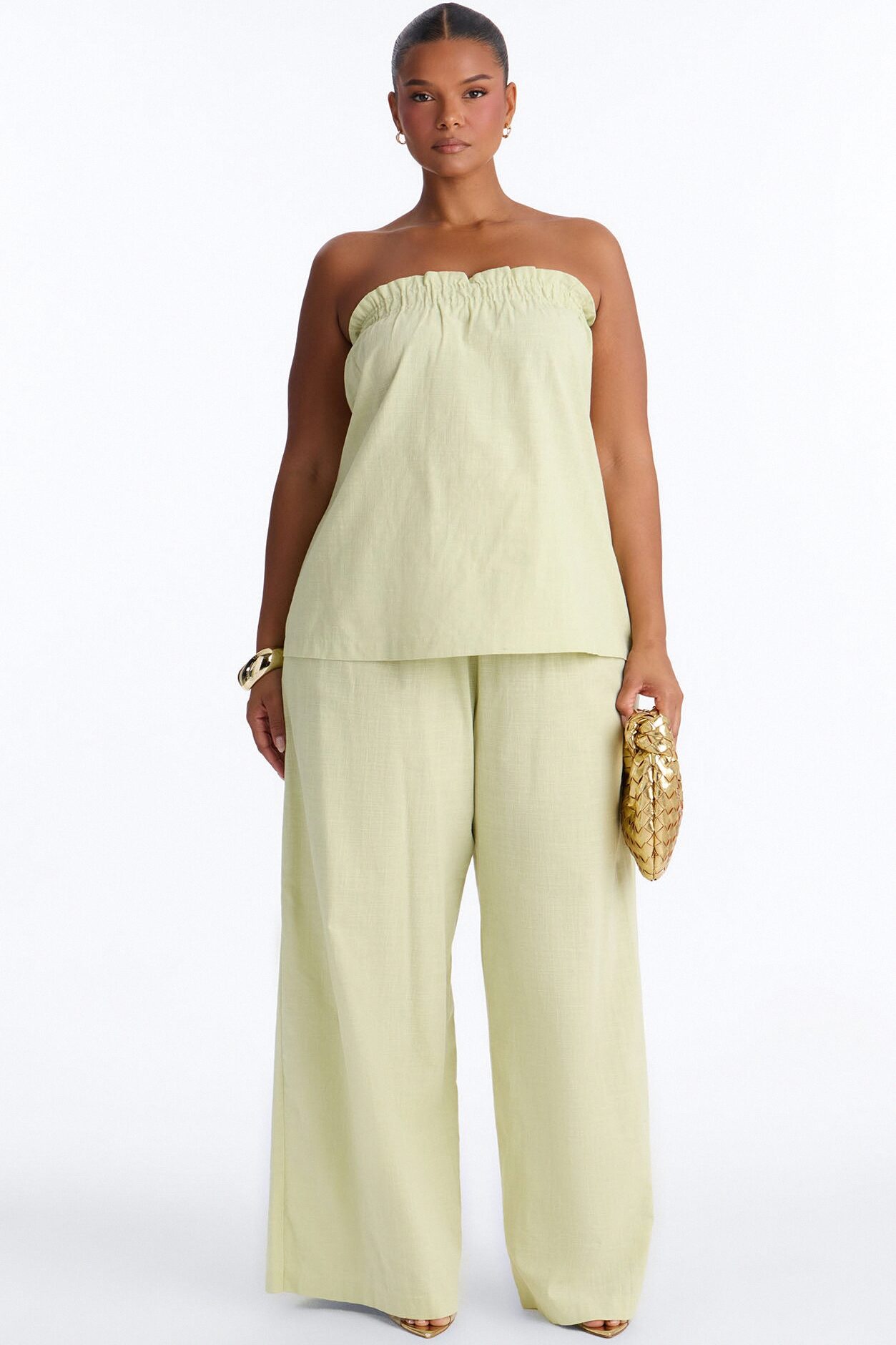 Verity Linen Strapless Wide Leg Pant Set - Sage