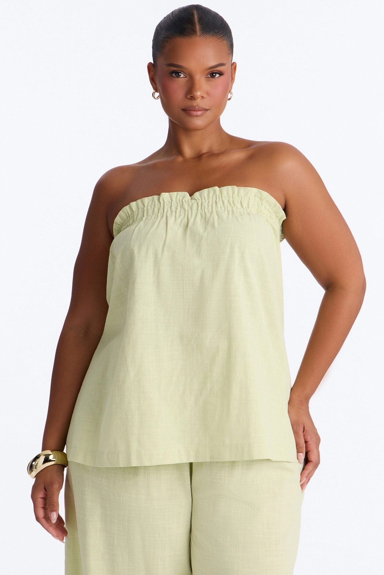 Verity Linen Strapless Wide Leg Pant Set - Sage