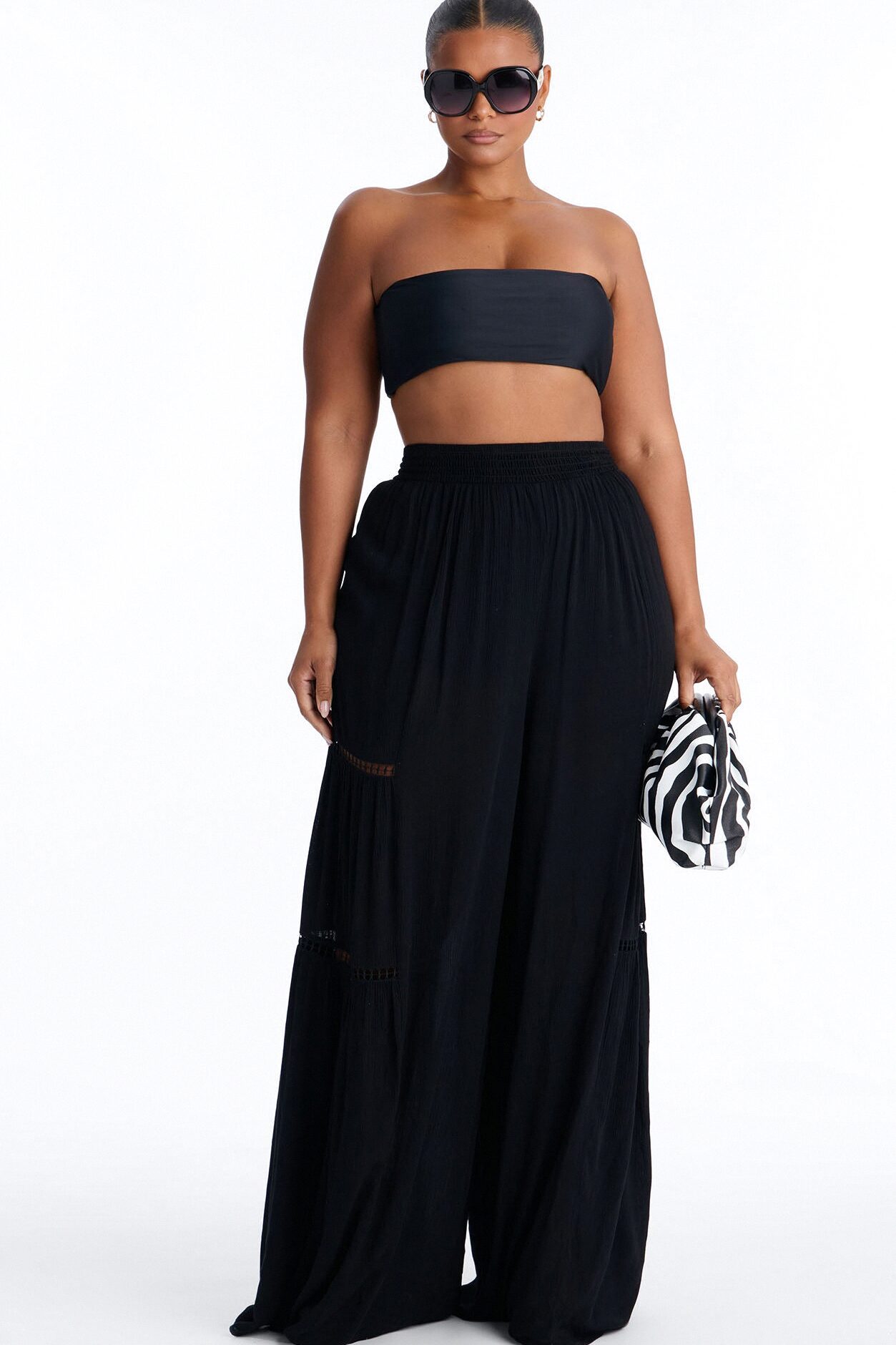 Daisy Ruched Wide Leg Pant - Black