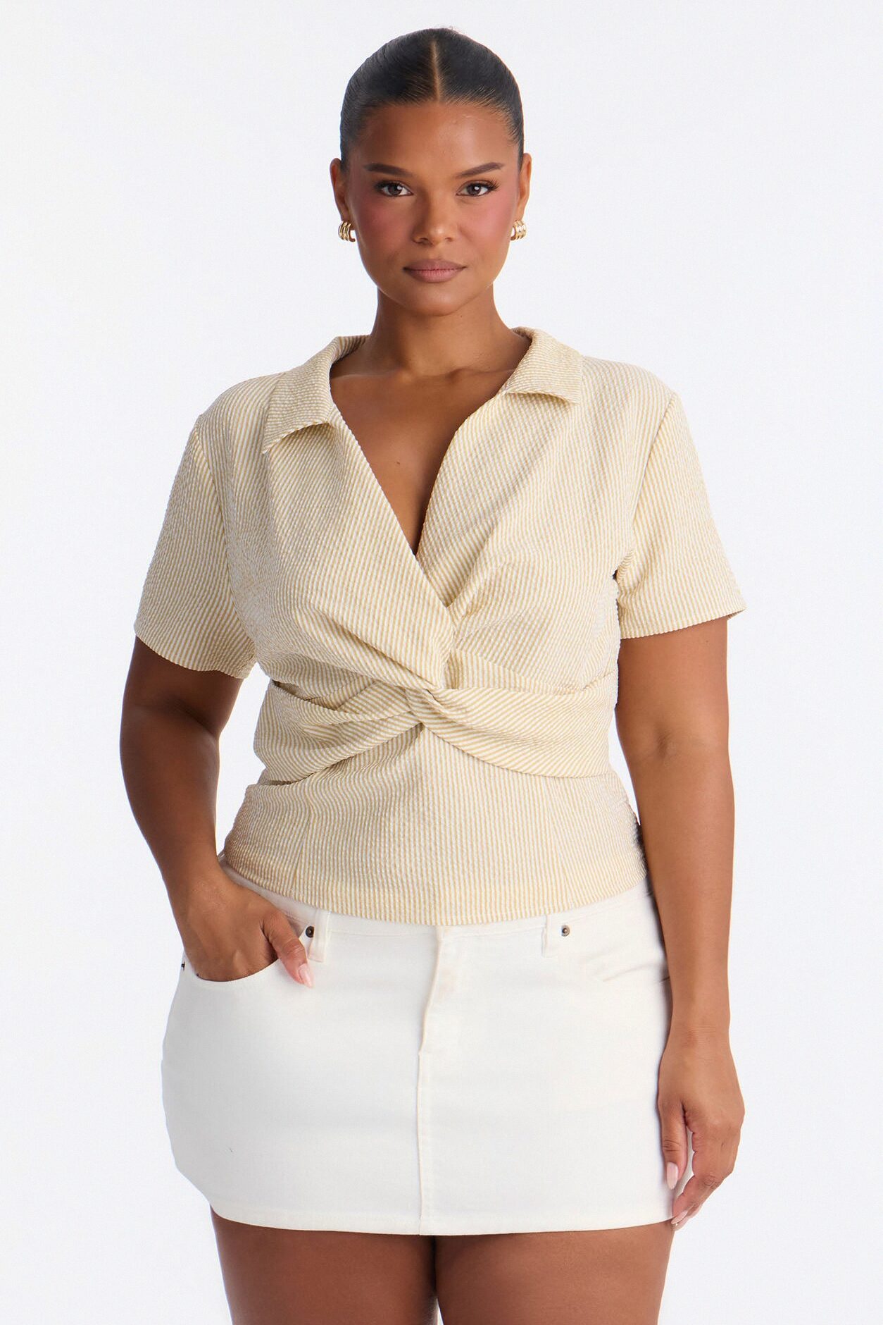 Emma Twist Front Striped Gauze Top - Camel/combo