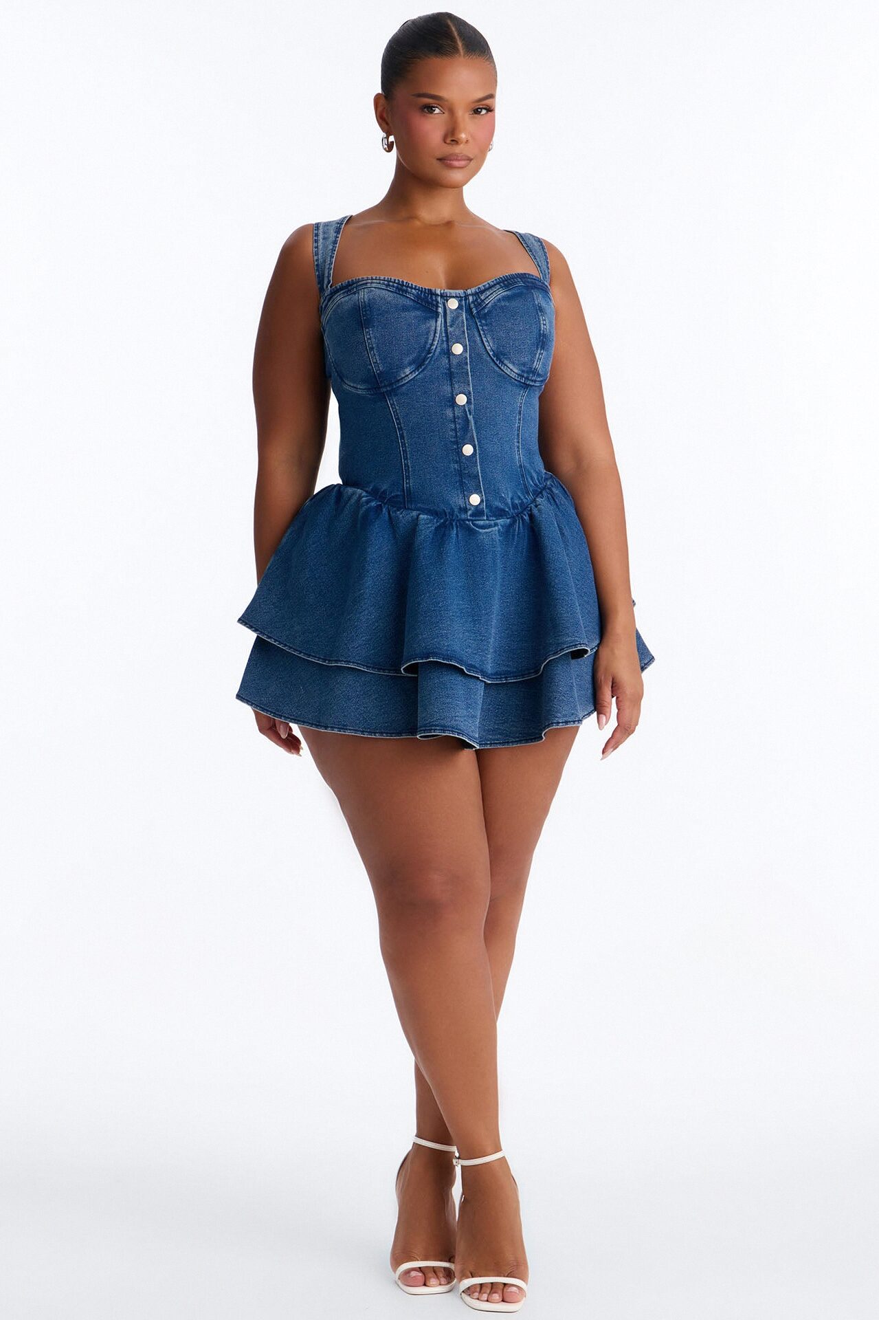 Allie Ruffle Stretch Denim Micro Mini Dress - Medium Wash