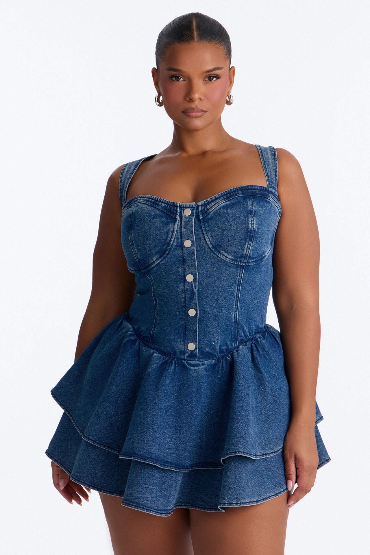 Allie Ruffle Stretch Denim Micro Mini Dress - Medium Wash