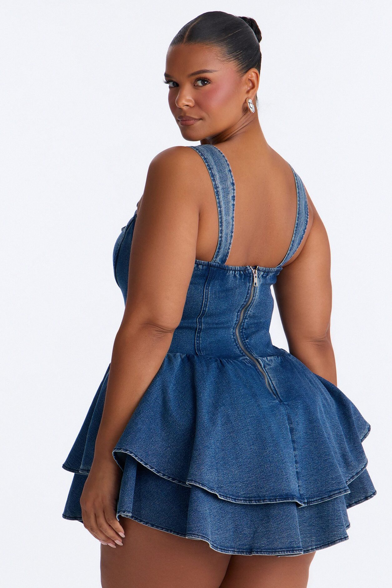 Allie Ruffle Stretch Denim Micro Mini Dress - Medium Wash