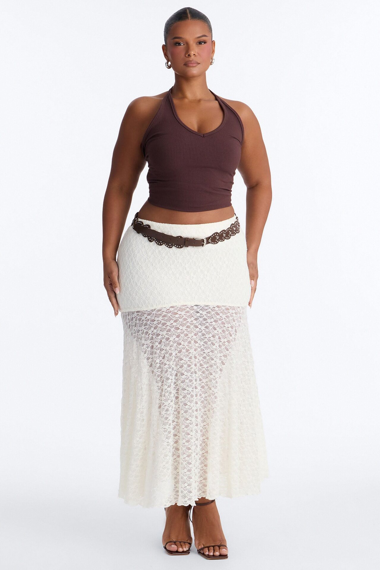 Jade Belted Lace Midi Skirt - Ivory