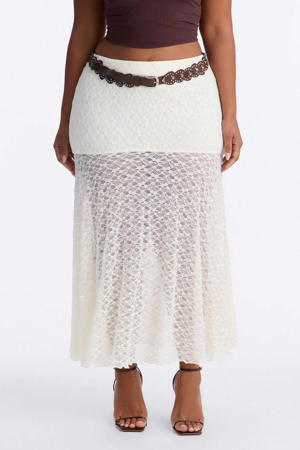 Jade Belted Lace Midi Skirt - Ivory
