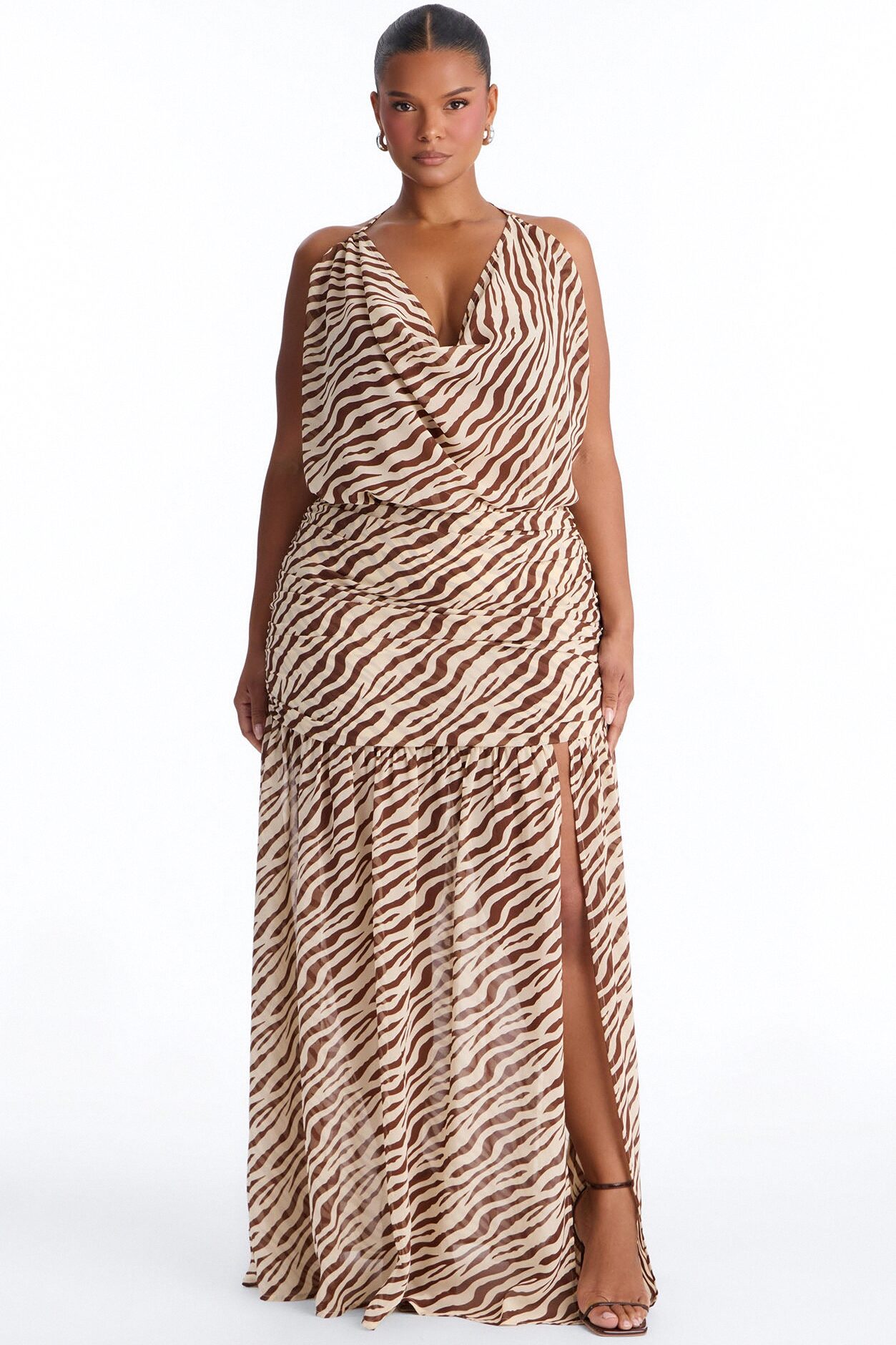 Wildcard Zebra Chiffon Cowl Neck Maxi Skirt Set - Brown Combo