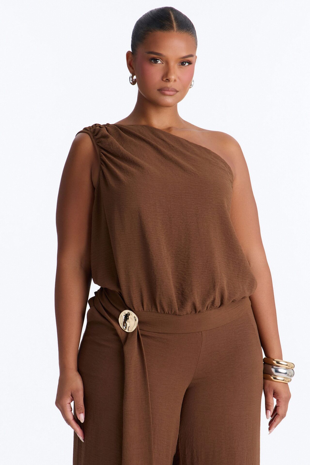 Maeve One Shoulder Pant Set - Brown
