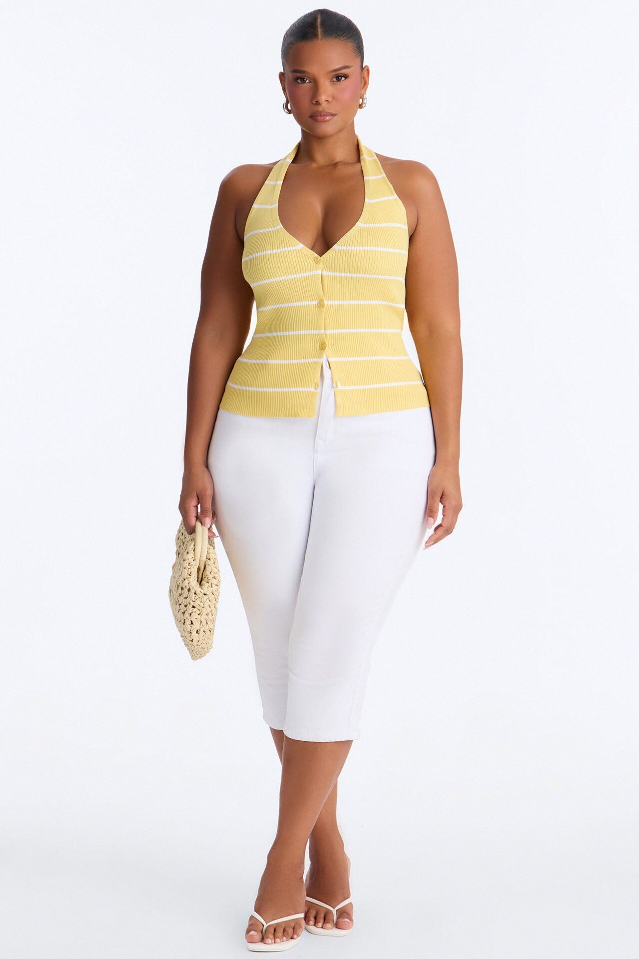 Katrina Striped Ribbed Halter Top - Yellow/combo