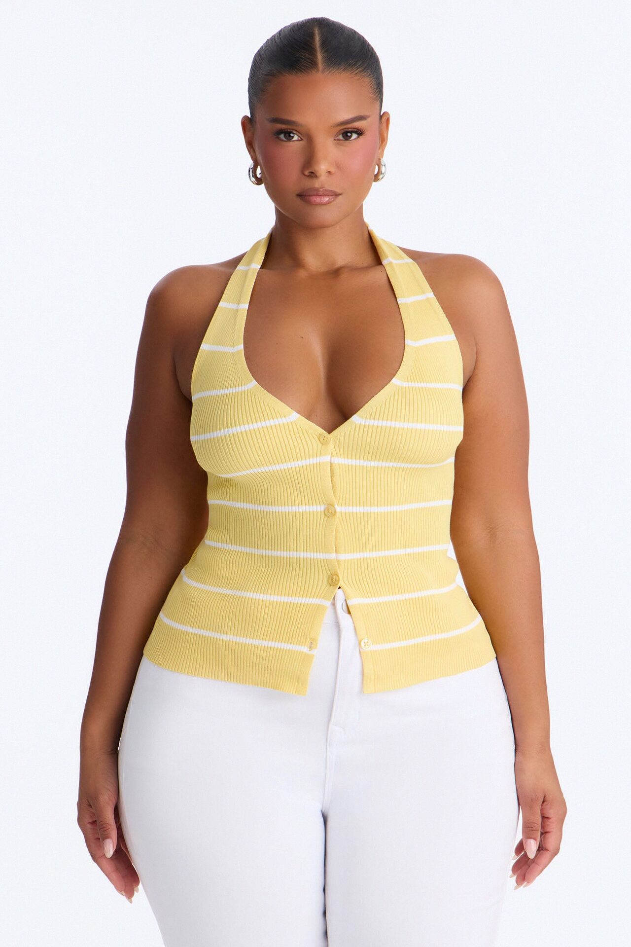 Katrina Striped Ribbed Halter Top - Yellow/combo