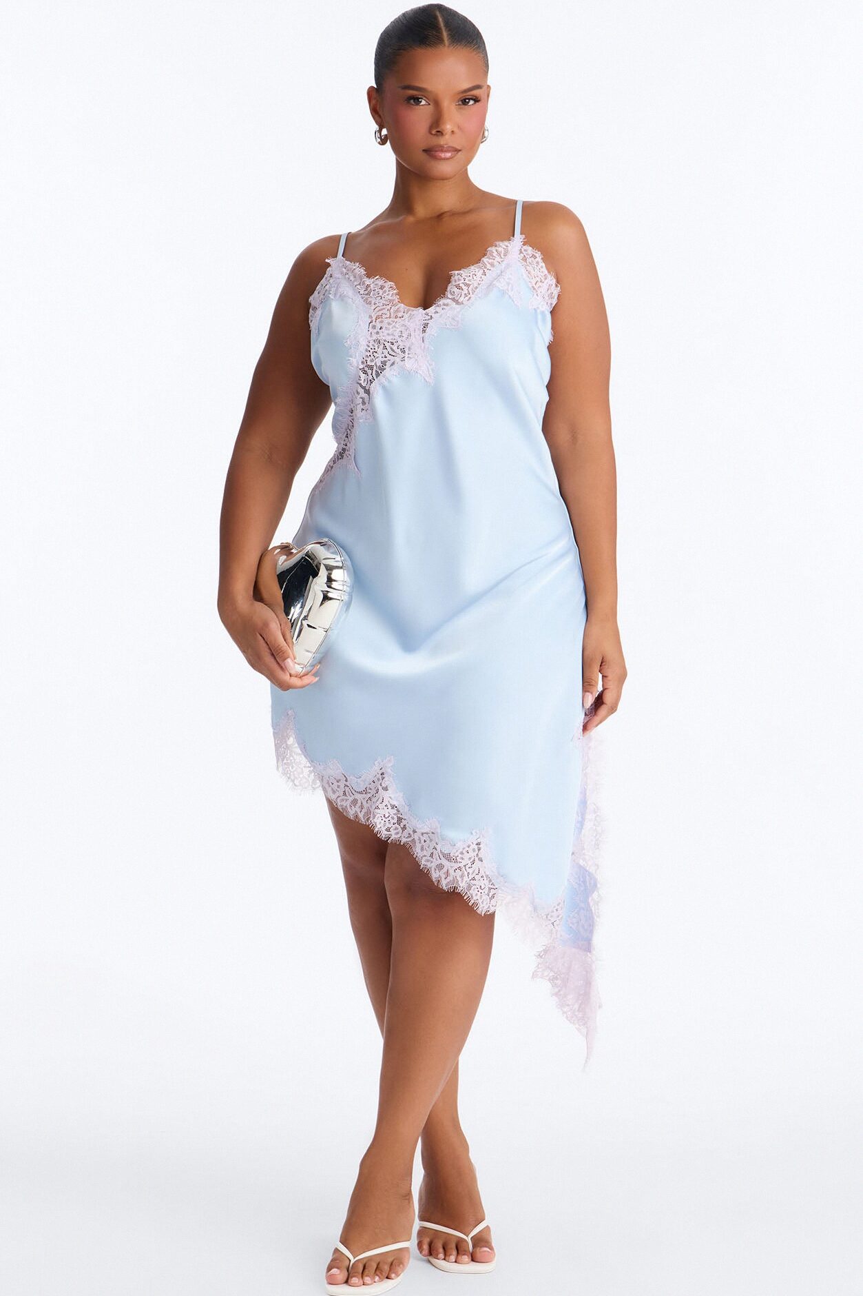 Romee Lace Trim Satin Mini Dress - Light Blue