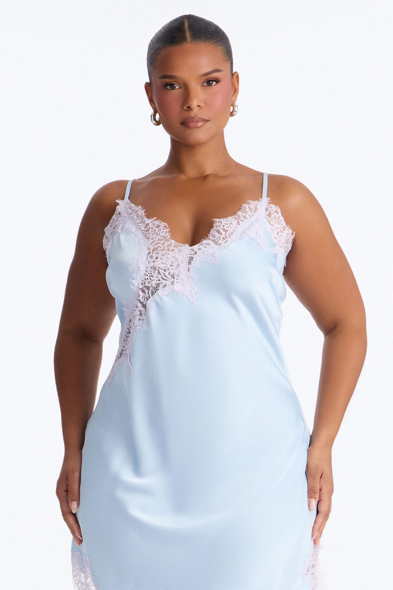 Romee Lace Trim Satin Mini Dress - Light Blue